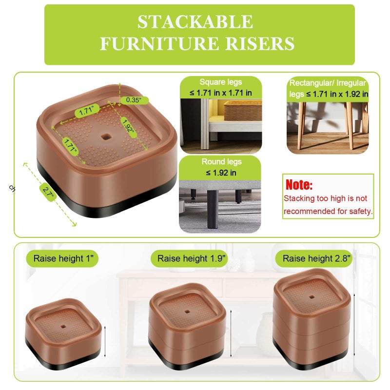 Yookwutar 4 Pack Furniture Risers 1 Inch, Adjustable Bed Risers Heavy Duty for Table Desk Couch Chair Sofa Cabinet Bed Legs Dorm, Square Stackable Bed Raisers Blocks Lift Height 1"", 2"" or 3"", Brown - Image 2
